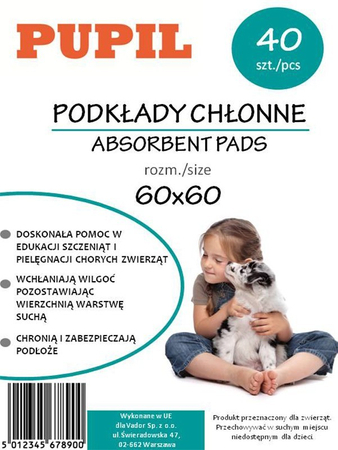 PODKŁADY DLA ZWIERZĄT PUPIL ROZMIAR 60X60